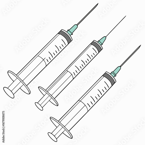 Three medical syringes with needles arranged diagonally on a white background in a clean illustration style