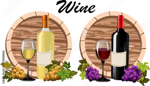 Presentation of white and red wine.Vector illustration with grapes and wine in glasses, bottles and barrel.