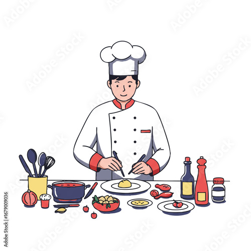 A skilled chef meticulously plates a gourmet dish in a modern kitchen, surrounded by various cooking utensils and fresh ingredients, rendered as a clean 2D flat vector illustration.