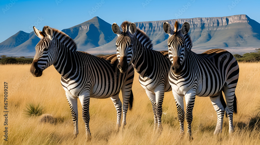 Obraz premium Three cape mountain zebras (Equus zebra zebra) standing in high grass, mountain landscape with table mountains, Mountain Zebra National Park, South Africa