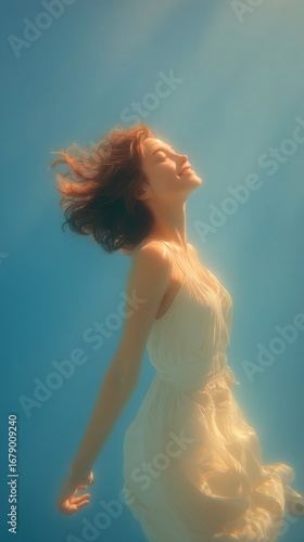 Underwater portrait of a confident young woman in light-colored dress, floating gracefully with soft hair movement, warm smile, clean blue water background, bright lighting, minimal 