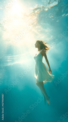Underwater portrait of a confident young woman in light-colored dress, floating gracefully with soft hair movement, warm smile, clean blue water background, bright lighting, minimal composition for co