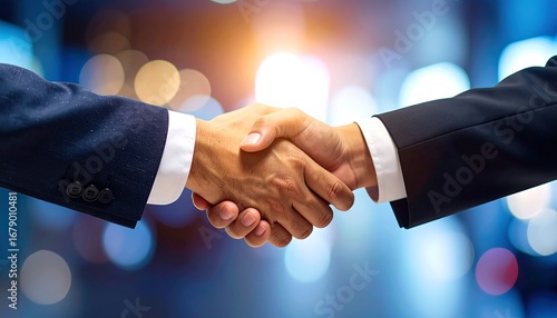 Business handshake in a blurred city background