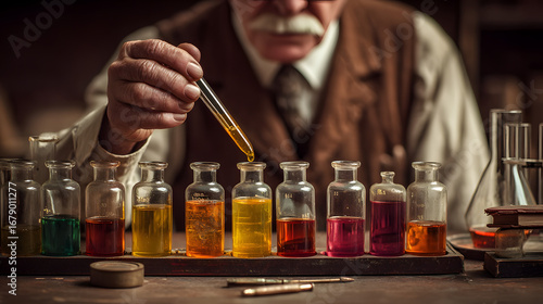 A focused elderly chemist with a mustache carefully adds a liquid sample from a pipette into small bottles filled with colorful chemical mixtures in his vintage lab setting.