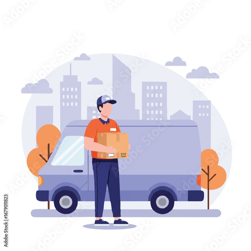 Dedicated delivery person holding a package stands next to a modern delivery van on a city street with a distant cityscape in the background, a crisp 2D flat vector illustration.
