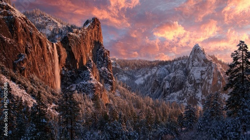 Yosemite National Park Sunset: Breathtaking Winter Landscape with Bridalveil Fall