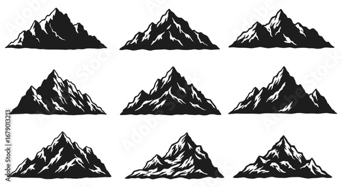 Collection of various mountain ranges in black and white illustration style