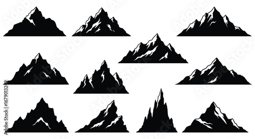 Collection of various mountain silhouettes in different shapes and sizes