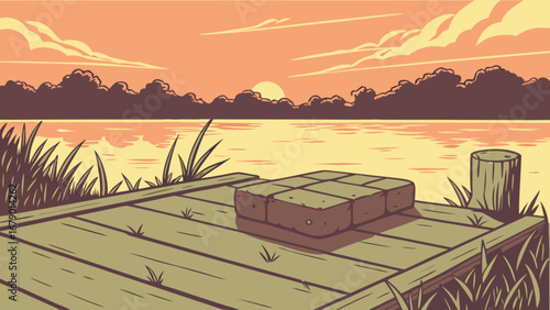 Sunset lake scene illustration with wooden dock and calm water landscape vector background design art