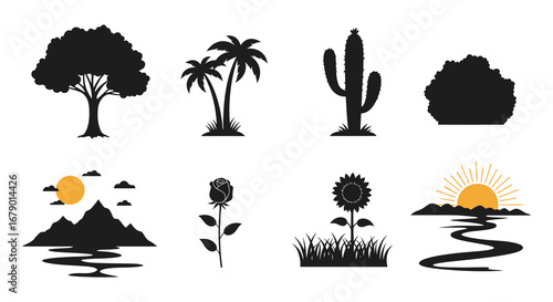 Collection of nature icons including trees plants and landscapes