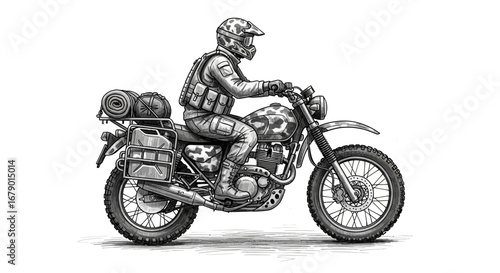 Adventure motorcycle rider sketch with camouflage gear and full equipment
