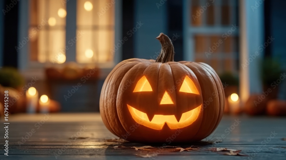 Fototapeta premium Glowing Halloween Pumpkin with Jack-o'-Lantern Face on a Cozy Porch at Night