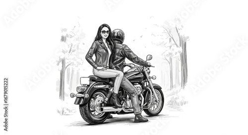 Biker couple on a motorcycle sketching through woodland journey together
