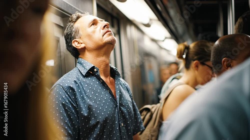 Man venting frustration using smartphone social media in crowded subway train surrounded by busy crowd and commuters