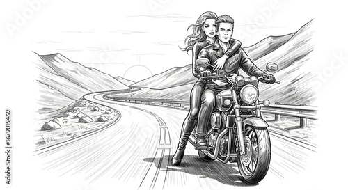 Captivating couple on a motorcycle adventure through scenic mountain route