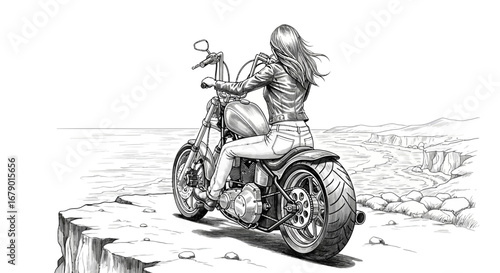 Captivating woman on motorcycle gazing at ocean horizon from cliff edge