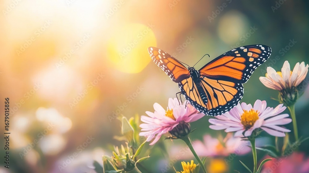 Fototapeta premium Monarch butterfly on pink flowers in sunlight. (1)