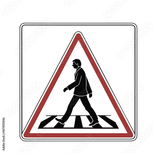Essential traffic safety sign, featuring a red triangular warning border and a stark black silhouette of a pedestrian crossing a white striped crosswalk, signaling caution