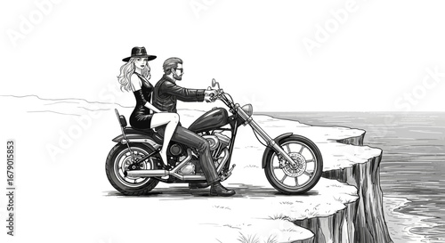 Coastal ride with a stylish couple on a classic motorcycle at edge of cliff