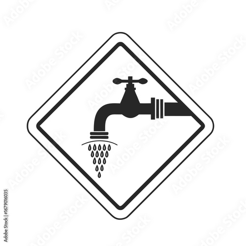 Water Tap Icon Diamond-Shaped Sign for Water Conservation, Dripping Water, and Plumbing