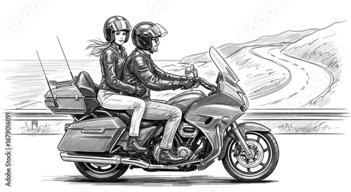 Couple enjoys a scenic motorcycle trip on a winding road near the coast
