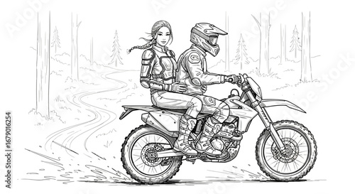 Couple on a motorcross bike ride in nature grayscale hand drawn sketch