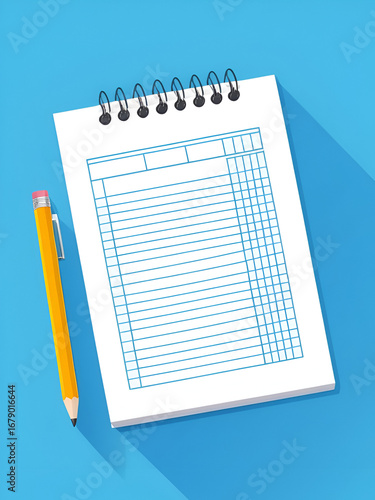 Notepad with pencil on blue background with shadows empty paper work paper success checklist report work. Flat design EPS 10