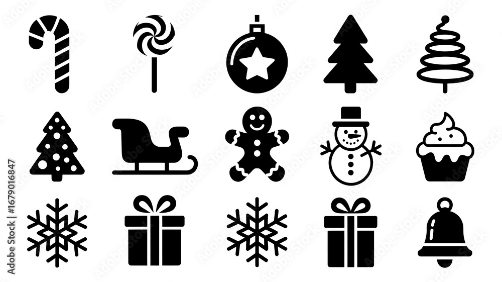 Naklejka premium Festive Christmas Icons Collection Holiday Season Vector Graphics Merry Christmas and Happy New Year Designs