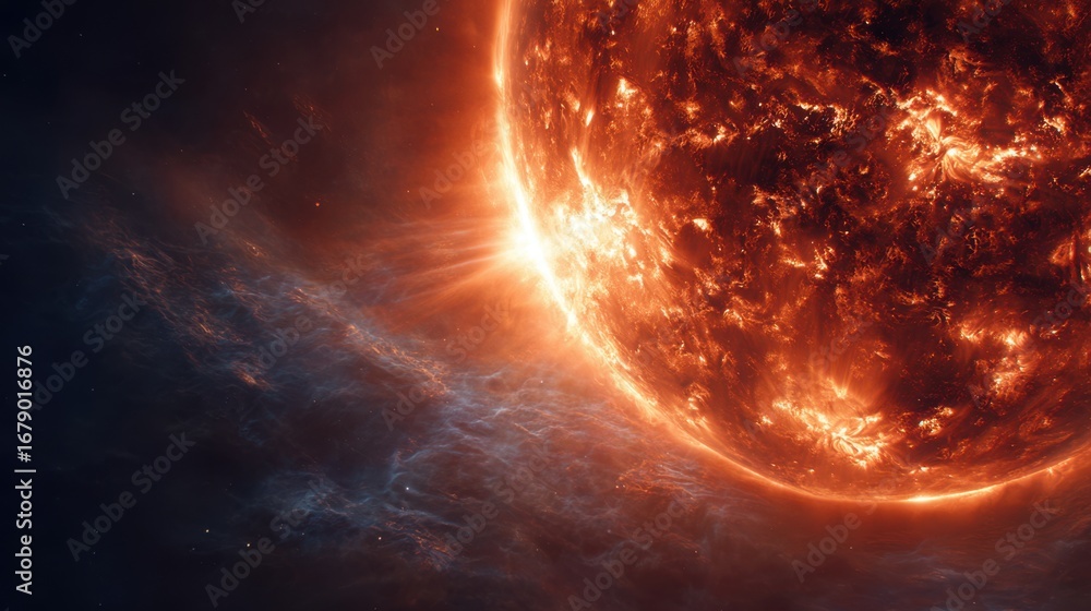 Obraz premium The sun glowing like a burning sphere of fire, solar flares erupting with high-definition cinematic textures, radiating energy in movie style