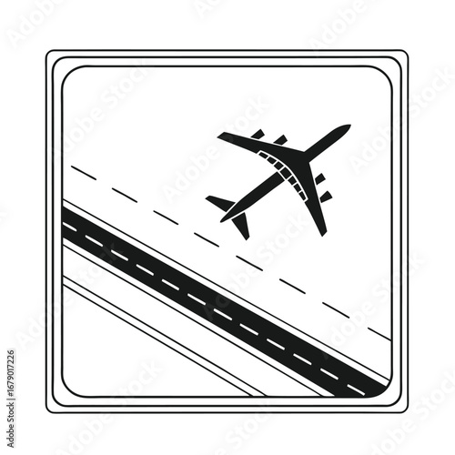 Airplane taking off from runway, graphic illustration of a modern jet aircraft ascending above a paved surface, representing air travel and transportation industry