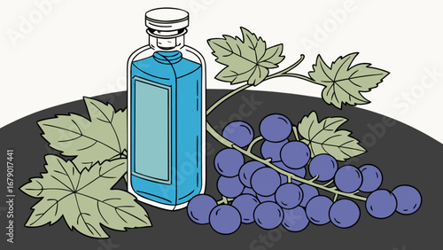 Explore organic grape juice bottle illustration with fresh grapes and leaves still life design art, 95 char