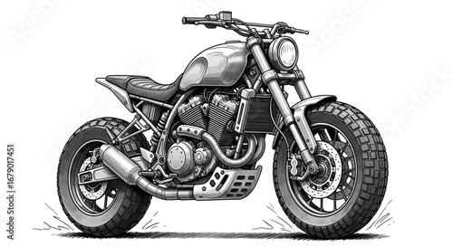 Detailed Black and White Illustration of a Classic Custom Motorcycle Design