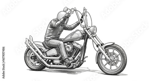 Detailed black and white illustration of a man riding a chopper motorcycle