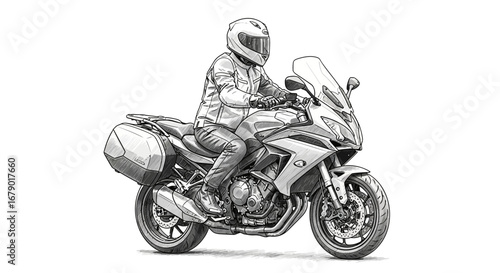 Detailed illustration of a motorcyclist on a touring bike ready for a journey