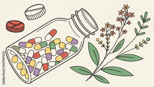 Medicine bottle with pills and herbal remedy illustration for health and wellness concept design vector art