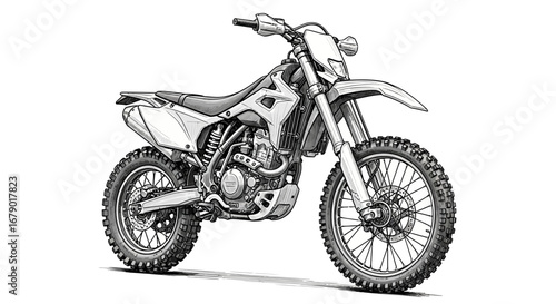 Detailed line drawing of a modern motocross bike ready for adventure