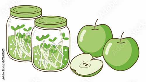 Green apple fruit and sprout seeds in glass jars illustration for healthy eating and gardening tips