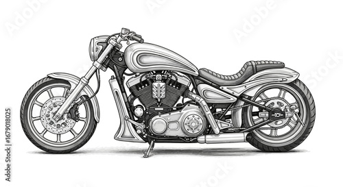 Detailed monochrome illustration of a custom-built vintage motorcycle design