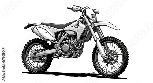 Detailed monochrome illustration of a modern dirt bike on white backdrop