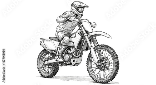 Detailed monochrome illustration of a motocross rider on a dirt bike