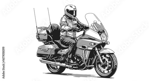 Detailed monochrome illustration of a motorcyclist on a touring motorcycle