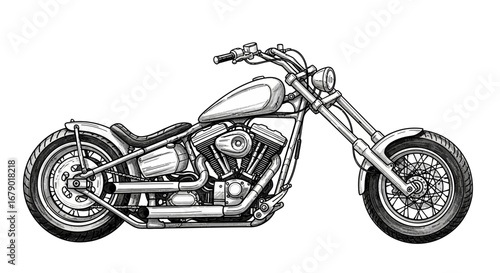Detailed monochrome illustration of a vintage chopper motorcycle design