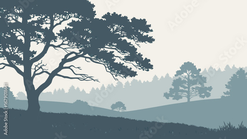 Misty forest landscape illustration with trees silhouette vector background graphic design nature scene