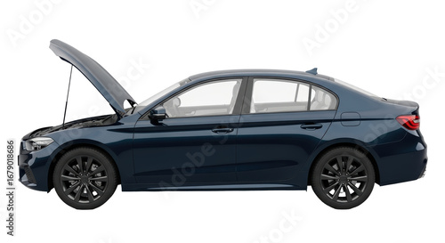 Isolated Blue Sedan with Open Hood