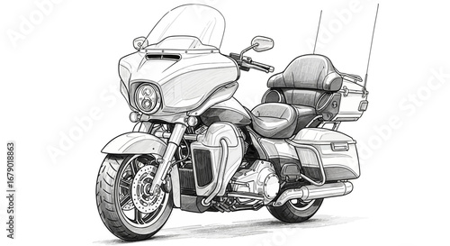 Detailed monochrome illustration showcasing a touring motorcycle design