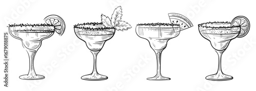 Cocktails margarita hand drawn set isolated on white background. Vintage sketch of alcoholic party cocktails. Vector illustration