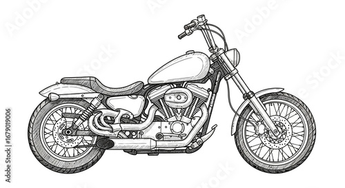 Detailed Monochrome Sketch of a Classic Cruiser Motorcycle on White Backdrop