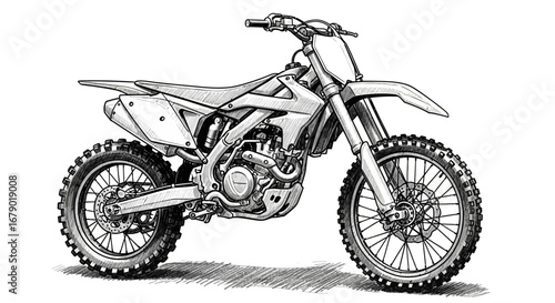 Detailed monochrome sketch depicting an off-road motocross bike design