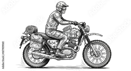 Detailed Sketch Illustration of a Camouflage Motorcycle Touring Adventure