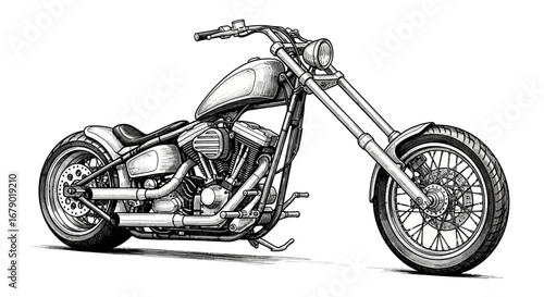 Detailed Sketch of a Classic Chopper Motorcycle with Intricate Engine Details